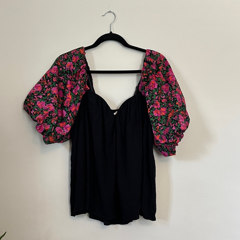 NWT - Elegant Black Blouse with Floral Puff Sleeves